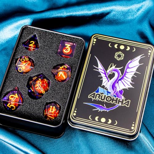ARUOHHA DND Resin Dice Gazes Eye Dice Purple Gold Liquid Core Flaming RPG Sharp Edged Dice Set with Gift Box, Polyhedral D and D Dice Set Compatible with Dungeons Dragons Role Playing Game D20 D6 - color: Sl01-purple Gold