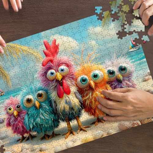Puzzles for Adults 500 Pieces, Chicken Jigsaw Puzzles - Beach Bunch, Impossible Beach Puzzles for Seniors Family, 20.47x14.96 inches, 1:1 Poster, Letter on The Back