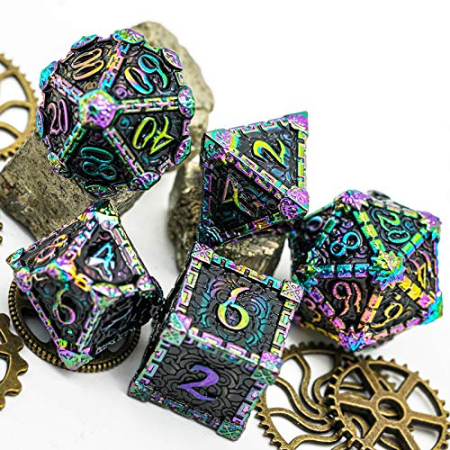 Cusdie 7 Pcs Metal DND Dice with Metal Box, Dagger Design Polyhedral Dice Set, for Role Playing Game D&D Dice (Colorful Black) - color: Colorful Black
