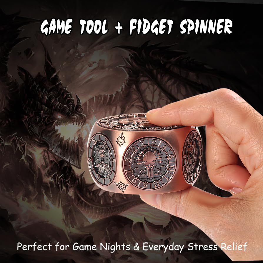 DNDND Copper 8-in-1 Spinner Dice with Dual D20 - Monster Themed Hexagonal Metal Dice for Dungeons and Dragons D&D, TTRPG with Collectible Gift Tin - color: Copper