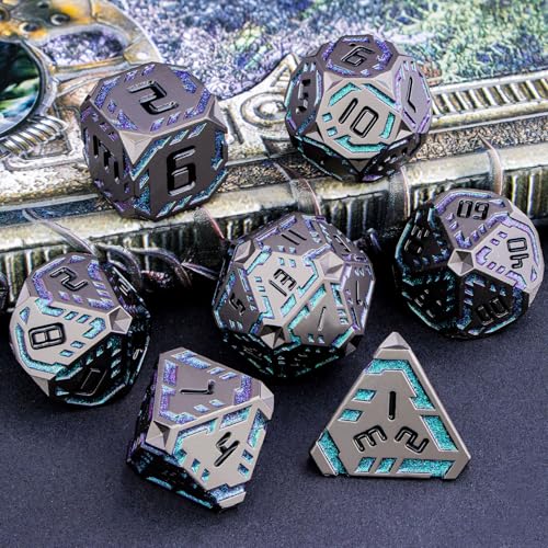 Metal DND Sci-fi Dice Set 7PCS Stripe Polyhedral Dice for Dungeons Dragons RPG Role Playing Game, Glitter D and D Dice with Gift Box D6 D8 D10 D12 D20 (Black&Green Purple) - color: Black - Green Purple