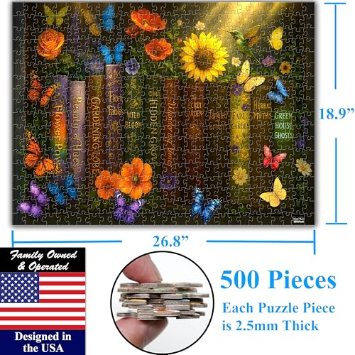 Think2Master Enchanted Library 500 Pieces Very Large Pieces Jigsaw Puzzle: 13+ Adults & Seniors. Magical Bookshelf with Butterflies & Flowers Botanical Garden. Great Gift. Size: 26.8” X 18.9” - style: Enchanted Library