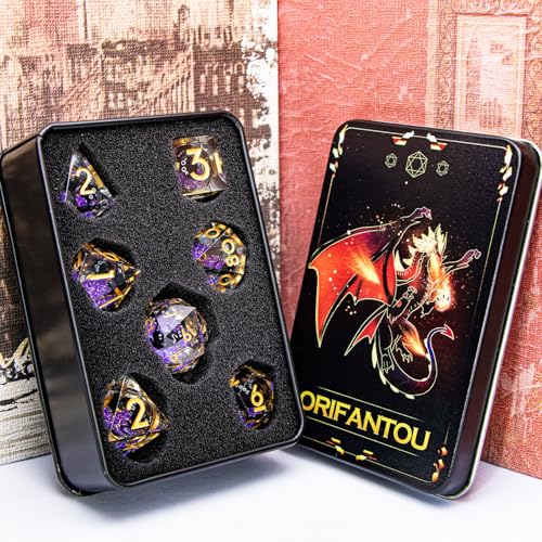 DND Cat Dice Set Purple Sharp Edge Dice with Box, RPG D and D Dice Dungeons Dragons Role Playing Game Polyhedral Resin Dice Set D20 D12 D10 D8 D6 D4 - color: Golden Purple