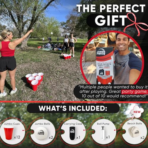 Jumbo Pong - Giant Yard Pong Outdoor Games Yard Games Lawn, Beach, Camping, Tailgating or Backyard - Durable Giant Cups with Indoor/Outdoor Ball and Pump Included