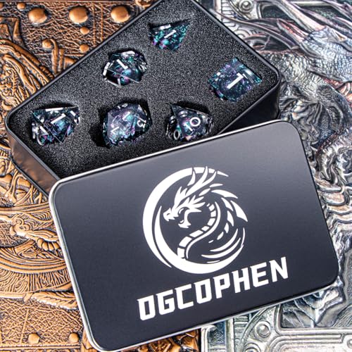 DND Skull Dice Set 7PCS Necromancer Polyhedral Dice for Dungeons Dragons RPG Role Playing Game, Resin Sharp Edged D and D Dice with Gift Box D6 D8 D10 D12 D20 (Green Purple) - color: Purple Green&silver
