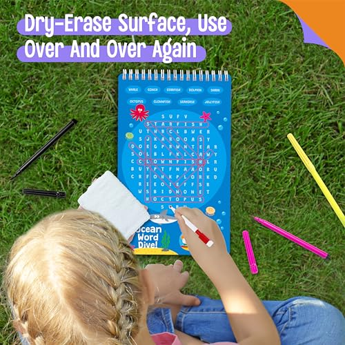 SpriteGru Dry Erase Word Search Game Pad, 30 Reusable & Erasable Word Games, Search & Find Puzzles Brain-Boosting Activity Book for Kids, Educational Toy for Road Trip Airplane Travel - style: Word Search