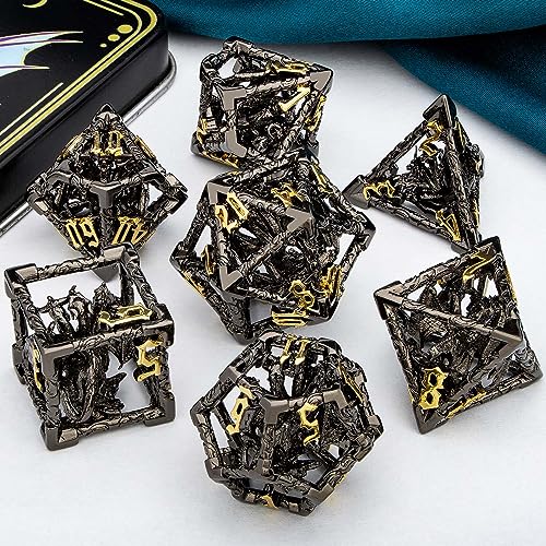 ARUOHHA Hollow DND Dice Set Black Gold 5-Headed Dragons D and D Dice with Gift Box, RPG Role Playing Games 7PCS Metal Dungeons Polyhedral Dice Set D20 D12 D6 - color: Black Gold-02