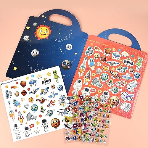 ASTARON Reusable Sticker Book for Toddlers, 88 Pcs Space Stickers Road Trip Activities Car Airplane Activities Travel Toys for Kids, Kids Quiet Time Activities (2-6 Age) - style: Space