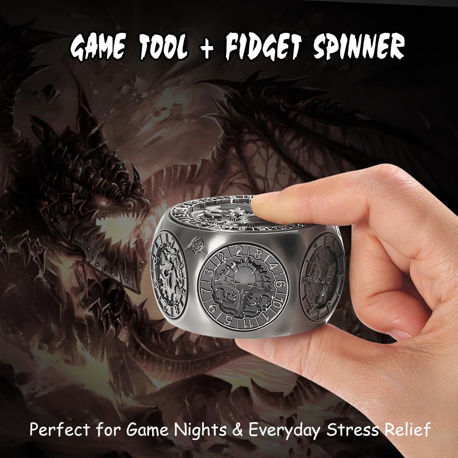 DNDND 8-in-1 Dual D20 Hexagonal Metal Dice - D&D Monster Themed Multi-Functional Dice Set for TTRPG Dungeons and Dragons with Collectible Gift Tin (Black) - color: Silver