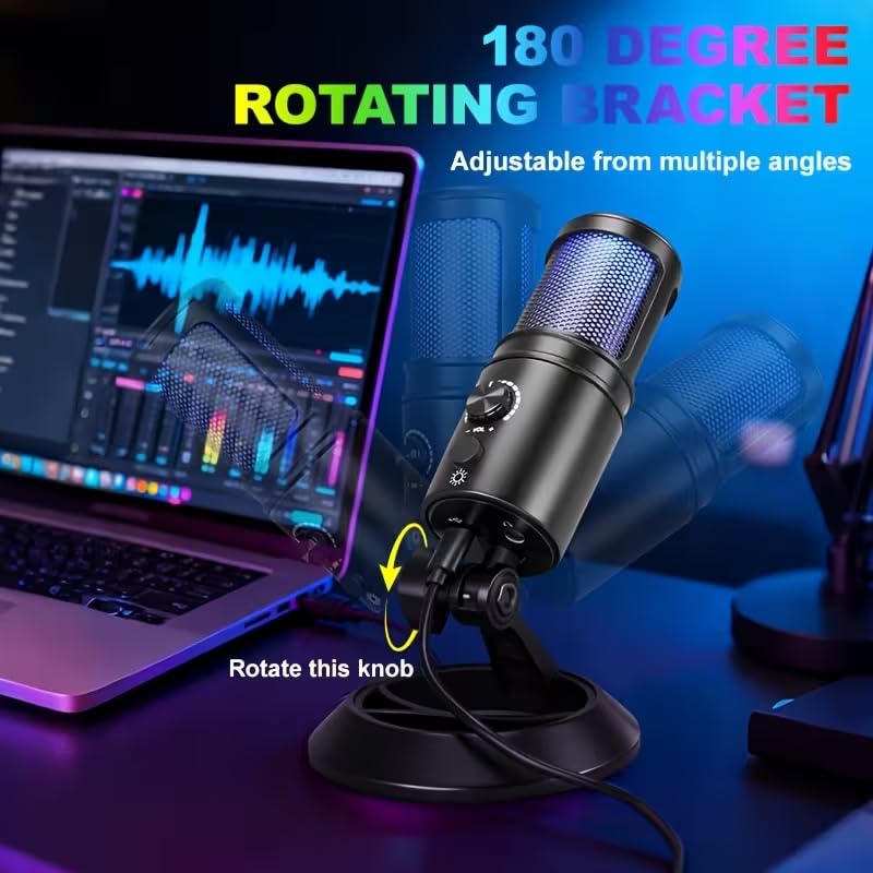 USB Gaming Condenser Microphone with RGB Light, One-Touch Mute, Volume Control, Desktop Stand, for PS4/PS5 and PC