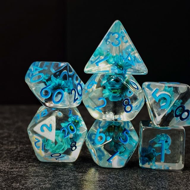 Sage’s Portal Cantrips DND Dice Set - Round Edge Resin 7-PC Polyhedral DND Dice Set for Dungeons and Dragons D&D RPG Tabletop TTRPG (Blue Flowers) - color: Blue Flowers