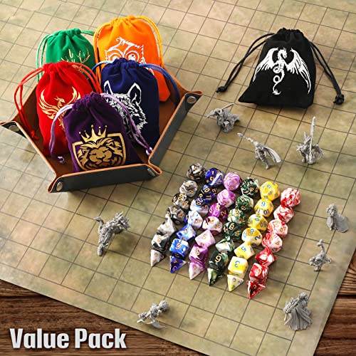 Grajar DND Dice Set, 42 Pcs Role Playing Dice Set with 6 Colorful Animal Pattern Dice Bag and PU Leather and Velvet dice Tray for Dungeons and Dragons D&D RPG MTG Table Games Mixed White - style: Animal-Mixed White