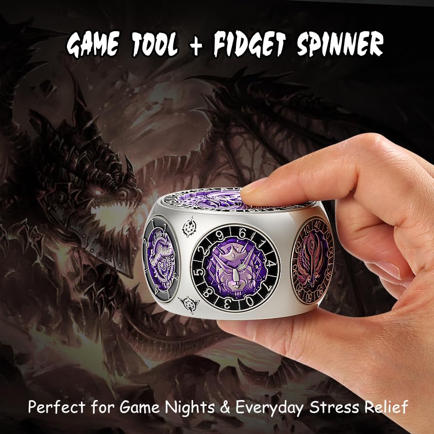 DNDND Unique Spinner DND Dice, 8-in-1 Hexagonal Metal DND Dice with Dual D20 Monster Themed Dice Set for DND Dungeons and Dragons, Dungeon Masters with Collectible Gift Tin (Silver with Purple) - color: Silver Purple