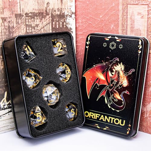 DND Cat Dice Set White Sharp Edge Dice with Box, RPG D and D Dice Dungeons Dragons Role Playing Game Polyhedral Resin Dice Set D20 D12 D10 D8 D6 D4 - color: Golden White