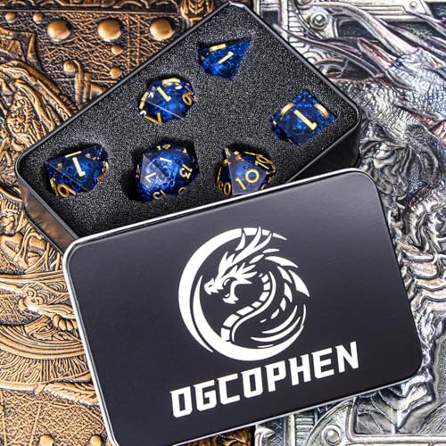 DND Skull Dice Set 7PCS Necromancer Polyhedral Dice for Dungeons Dragons RPG Role Playing Game, Resin Sharp Edged D and D Dice with Gift Box D6 D8 D10 D12 D20 (Golden Blue) - color: Blue&gold