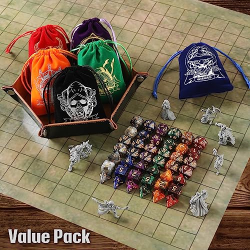 Grajar D&D Dice Set with Characters Pattern Dice Pouches, 42 Pcs polyhedral dice Set, PU Leather and Velvet dice Tray for Dungeons and Dragons D&D RPG MTG Table Games Starry Sky - style: Role-Starry Sky