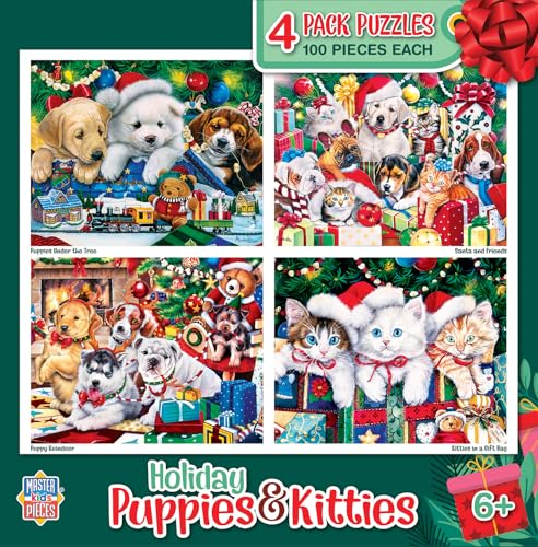 MasterPieces – Jigsaw Puzzle Set for Kids 6+ Years, 4-Pack of 100 Pieces, Educational and Fun Game, Holiday Puppies & Kitties Collection, Gift Idea for Children, 8" x 10" - style: Holiday Puppies & Kitties