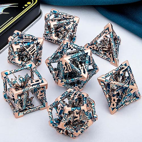 ARUOHHA Hollow DND Dice Set Copper Blue 5-Headed Dragons D and D Dice with Gift Box, Role Playing Games 7PCS Metal RPG Dungeons Polyhedral Dice D20 D12 D10 D8 D6 D4 - color: Copper Blue-02