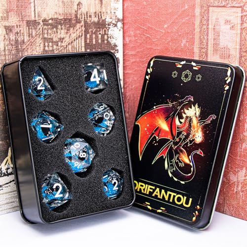 DND Cat Dice Set Blue Sharp Edge Dice with Box, RPG D and D Dice Dungeons Dragons Role Playing Game Polyhedral Resin Dice Set D20 D12 D10 D8 D6 D4 - color: Silver Blue