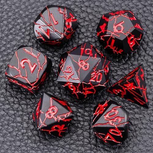 D&D Metal Dice - Sharp Edge Set with Cracks - Polyhedral for D&D RPG & Dungeons and Dragons - color: Matt Black Red