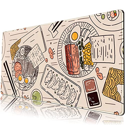 Japanese Ramen Sushi Food Desk Mat Beige XL Mouse Pad Large Full Desk Mousepad Gaming Extended Keyboard Mouse Mat Desk Pad for Computer Laptop 31.5''X15.7'' Non-Slip Rubber Base with Stitched Edges - color: A Beige Food