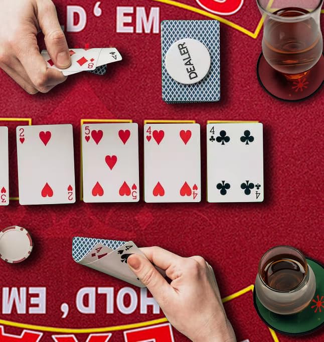 2-in-1 Casino Night Poker Mat, 36"x72" Double-Sided Texas Hold'em & Blackjack Felt Table Cover, Non-Slip Steel Clamps Included, Perfect for Game Night, Home & Casino Parties - color: Red
