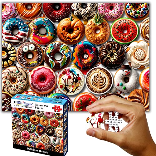Think2Master Donuts 250 Pieces Jigsaw Puzzle. Perfect White Elephant Gag Gift. Fun Puzzle for Families. Great Gift for Adults and Teens. Size: 14.2” X 19.3” - style: Delicious Donuts