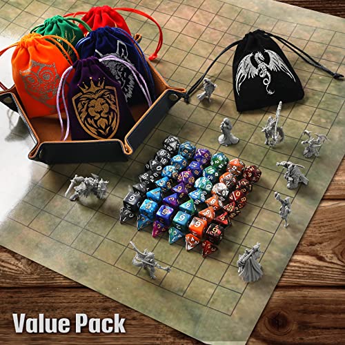 Grajar DND Dice Set, 42 Pcs polyhedral dice Set with 6 Colorful Animal Pattern Bag and PU Leather Velvet Tray for Dungeons Dragons D&D RPG MTG Table Games - style: Animal-Bicolor