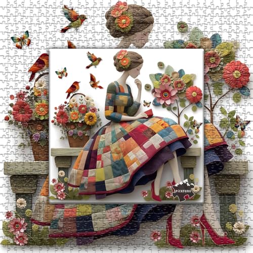 Floral Muse Jigsaw Puzzle 1000 Pieces for Adults, Patchwork Quilting Art Puzzle with Flowers Birds,Woman Flower Garden Themed, Handmade Style Sewing Puzzle Challenge - style: Patchwork Muse Puzzle