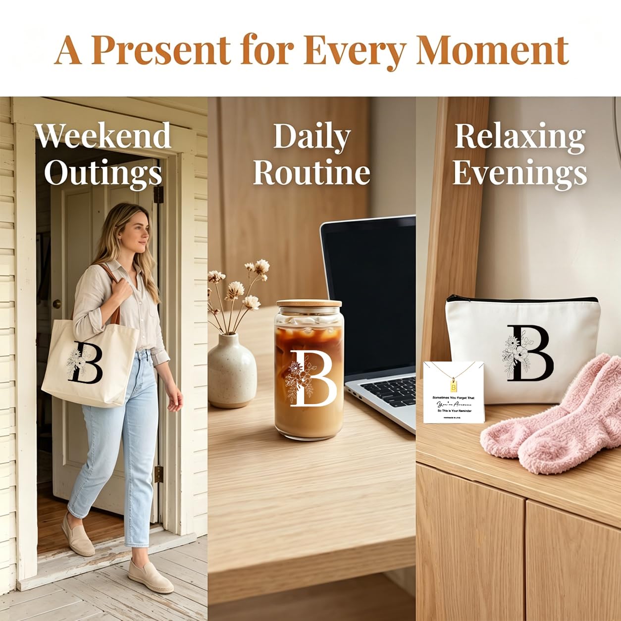 DHQH Birthday Gifts for Women, Monogrammed Gifts Box Included 16 oz Initial Glass Drinking Cup, Canvas Tote Bag, Personalized Iced Coffee Tumbler Gift for Women Her Mom Teacher Friends Sister,B - color: letter-cup-b