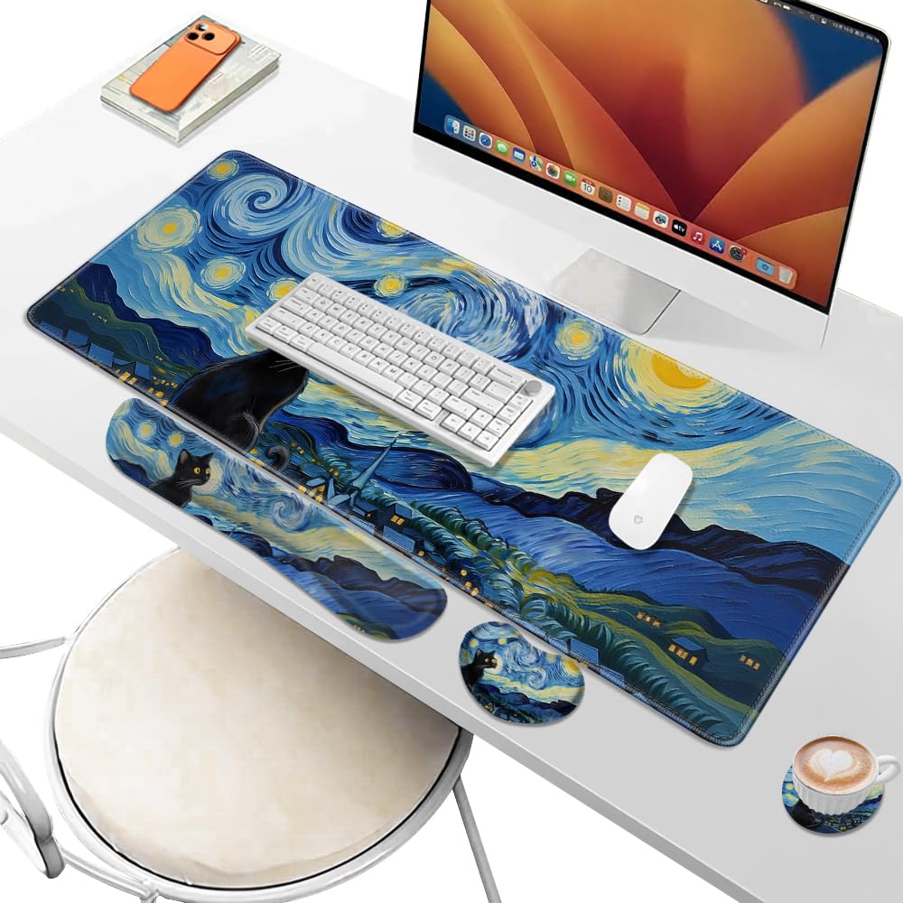 Desk Pad and Keyboard Wrist Rest, Large Mouse Pad + Keyboard Pad+Mouse Wrist Support, Non-Slip Desk Mat Protector for Office, Home 31.5×11.8 Inches Starry Night Cat - color: Starry Night Cat