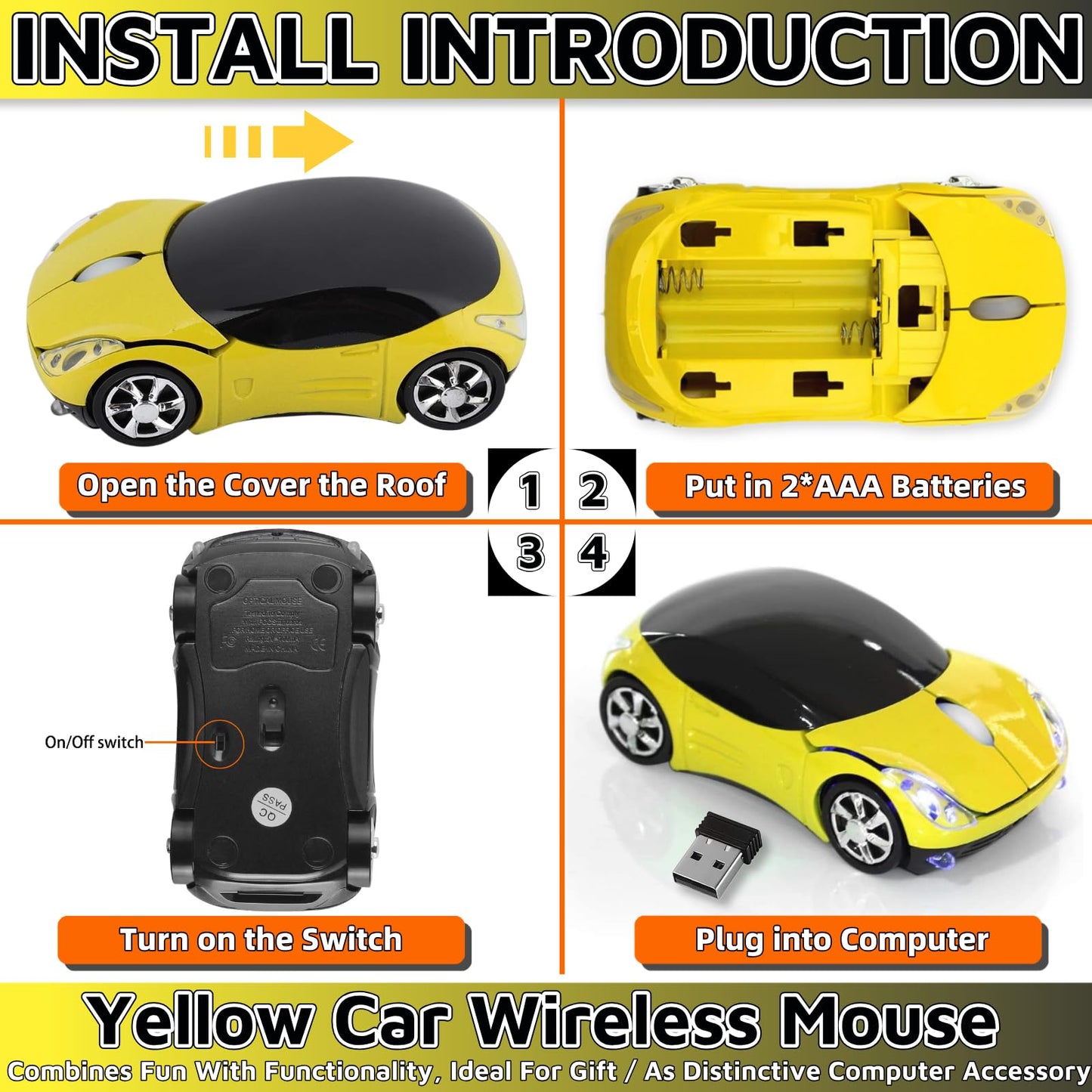 Yellow Wireless Mouse,Car Mouse 1600DPI 2.4G with USB Reciver for Computer Wireless Computer Mouse Wireless Cute Wireless Mouse for Mac OS Windows for Laptop Tablet(Yellow) - color: YELLOW