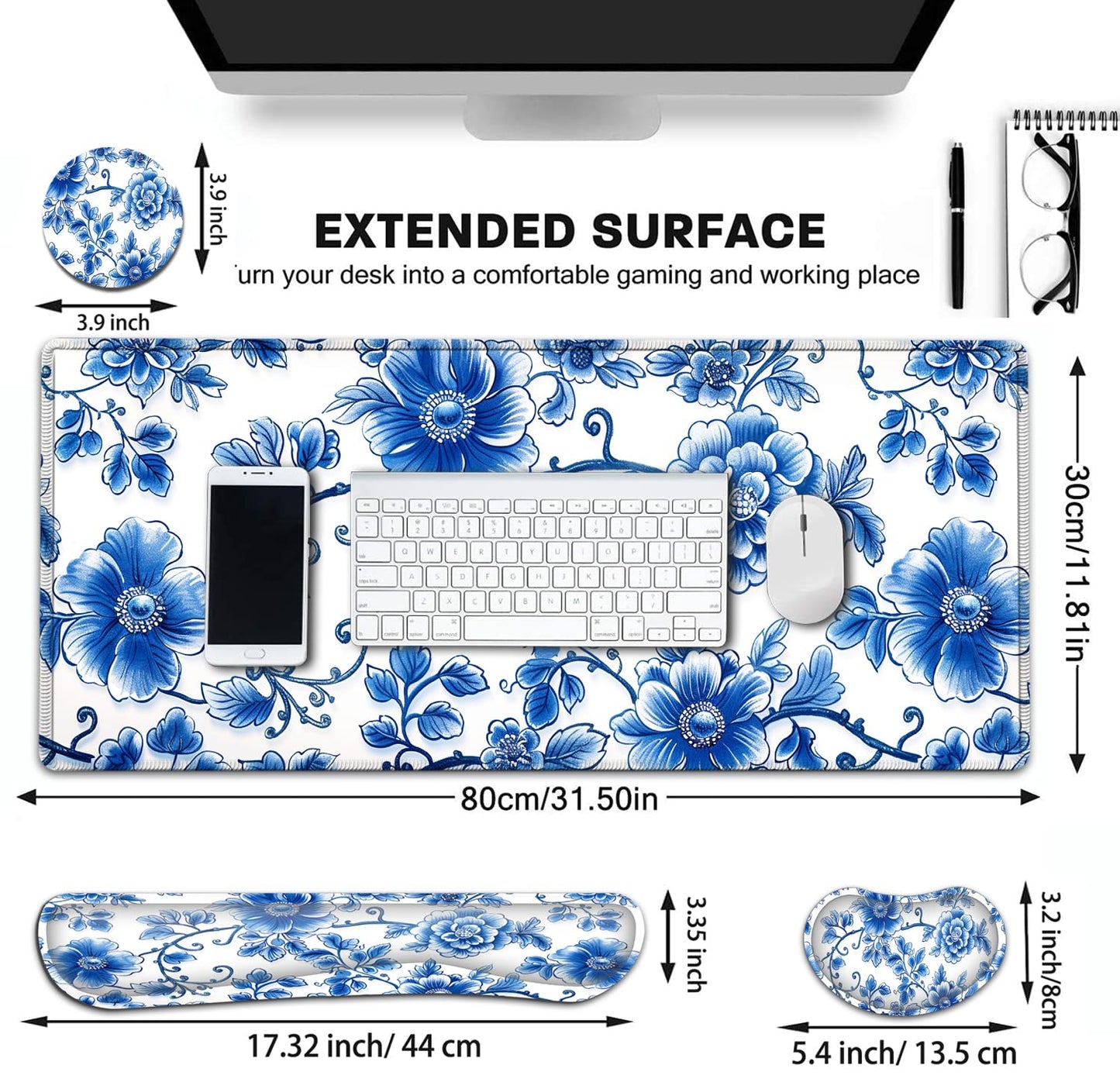 Large Gaming Mouse Pad+ Keyboard Wrist Rest Set, Ergonomics Memory Foam Mouse Mat Wrist Rest Support for Home Office, Waterproof Extended Mousepad 31.5x11.8in, Blue Flowers White Desk Pad - color: Yvb-mousepad-9-f-176