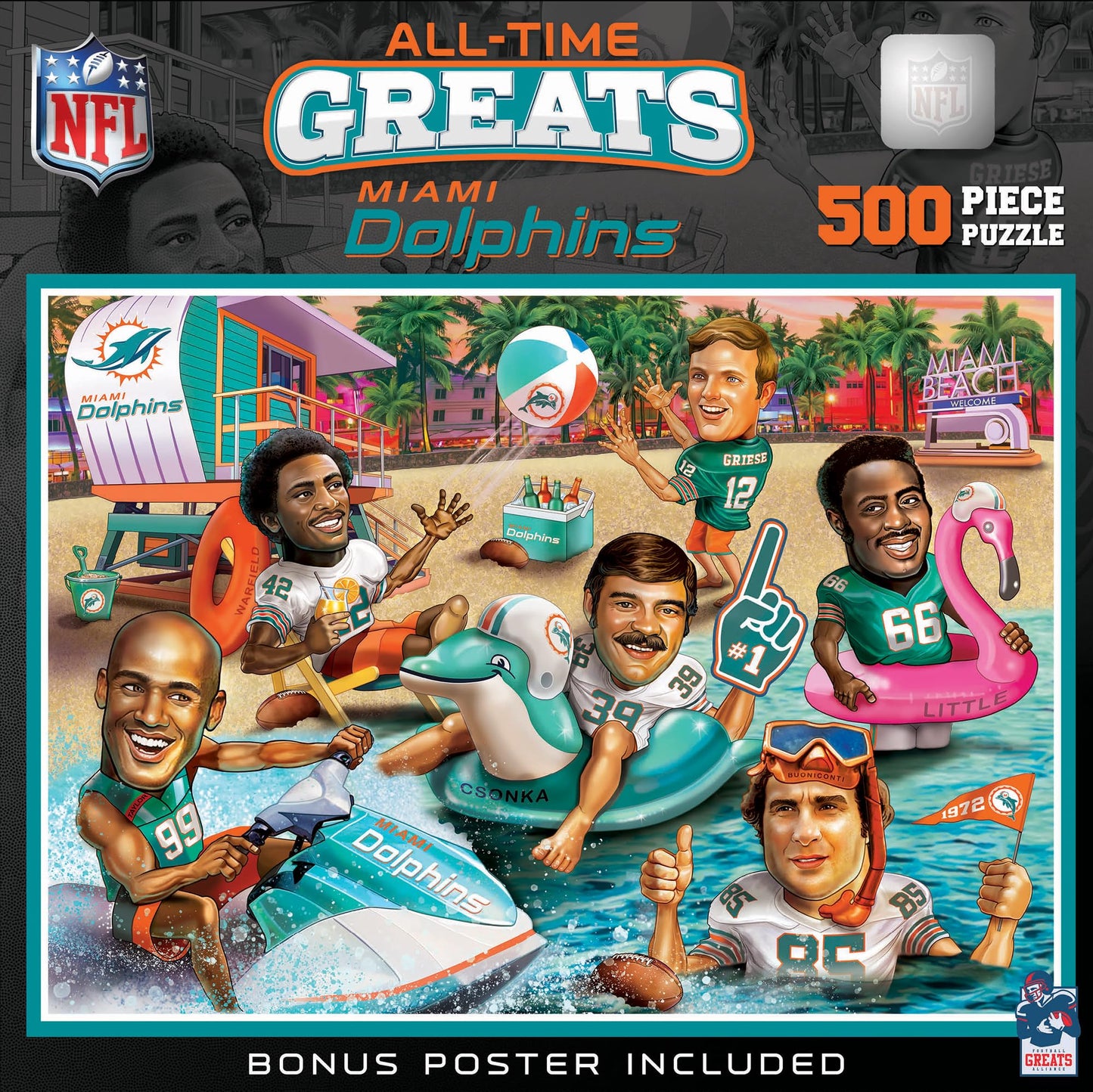 MasterPieces 500 Piece Sports Jigsaw Puzzle for Adults - NFL Miami Dolphins All-Time Greats - 15x21 - style: Miami Dolphins All-Time Greats