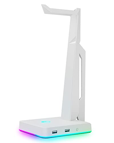 IFYOO RGB Gaming Headset Stand with 2 USB Ports, Game Headphone Mount for PC, Xbox One, PS4, Switch, Earphone Holder Hanger, Great for Gaming Stations, Fancy Desk Gamer Accessories, White - color: White