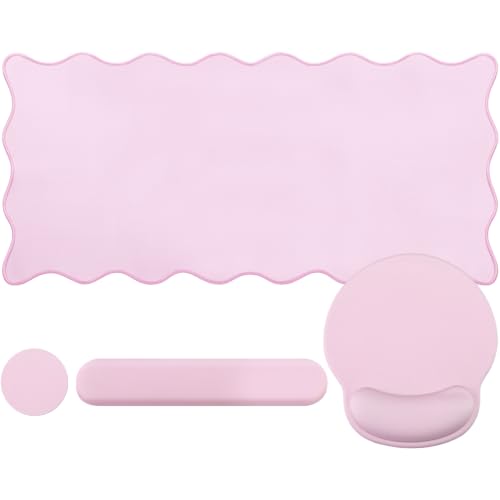 Sabary Scalloped Desk Mat Keyboard Mouse Pad Set 35.5 x 15.7 Inch Pink Preppy Table Mat Keyboard Wrist Rest Cute Aesthetic Mouse Pad with Wrist Rest Coaster Ergonomic Non-Slip Waterproof Gaming Desk - color: Pink, size: 35.5 x 15.7 Inch