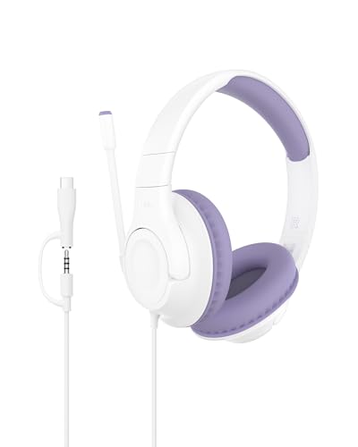 Belkin SoundForm Inspire Wired Kids Headphones, USB-C & 3.5mm | Over-ear headset, boom mic, 85dB safe volume limit, RockStar shared listening mode, school, online learning - color: Lavender, style: Wired