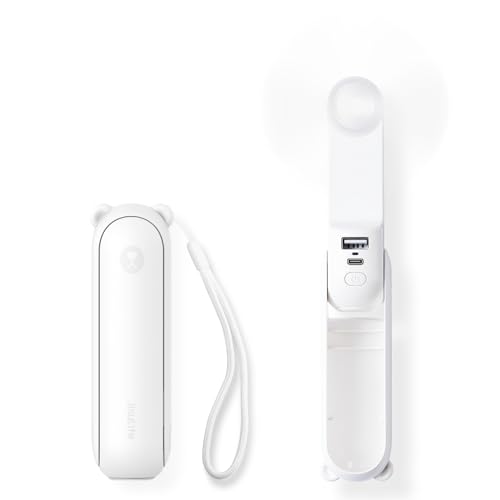 JISULIFE 3 IN 1 Portable Fan with Power Bank & Flashlight Featured | 19H Max Cooling, USB Rechargeable, Pocket-Sized Handheld Fan for Travel, Cruise, Concerts, Makeup, Summer Gifts for Women - color: White