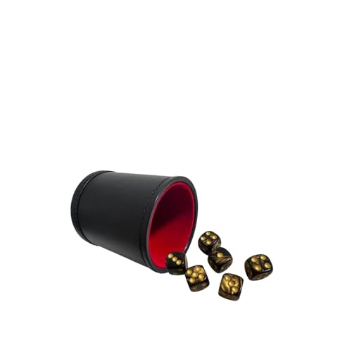 PU Leatherette Dice Cup with 6 D6 Black and Gold Dice for Yahtzee Farkle Bar Party Dice Games - color: Red Black a