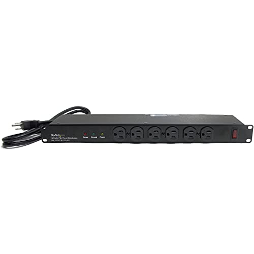 StarTech.com 16 Outlet Horizontal 1U Rack Mount PDU Power Strip for Network Server Racks - Surge Protection - 120V/15A - 6ft Power Cord (RKPW161915) | Power strip for network server racks, Steel chassis, 6 front and 10 rear ports, LED ground and surge ind