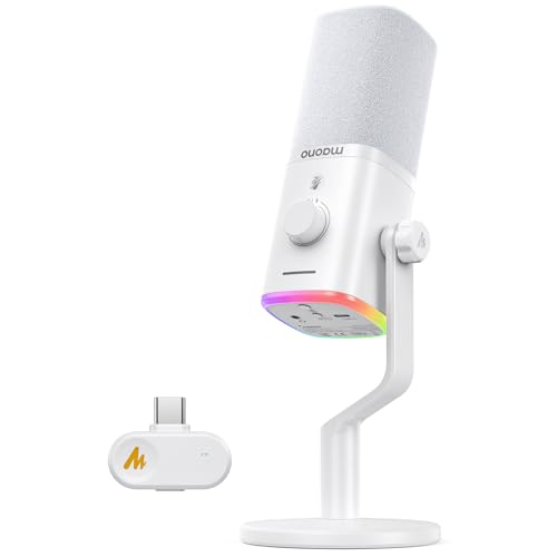 MAONO PD100W Wireless USB Dynamic Microphone, Gaming PC Mic with One-Click Noise Reduction,Mute Button,Custom RGB,3.5mm Headphone Jack,Software, Podcast Streaming Mic (Desktop(USB-C Receiver), White) - color: White