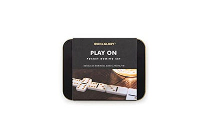 Iron & Glory Travel Dominoes Set - Dominoes Set for Adults - Travel Games - Play On Domino Game - Board Games - Mini Size Domino Deluxe Tin Case - Pocket Size - Family Night Gameplay - Gifts for Him