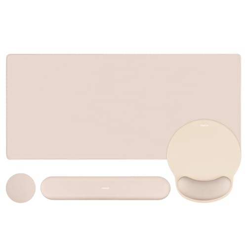 MOSISO Wrist Rest for Mouse Pad Set, Large Gaming Deskpad, Apricot | Circle Curved Mousepad&Keyboard Wrist Rest&Coaster, Ergonomic Non-Slip Mousepad&Easy Typing Pad with Silicone Lining - color: Apricot