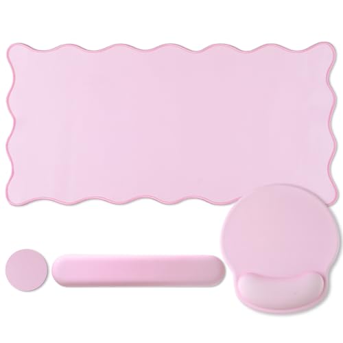 Sabary Scalloped Desk Mat Keyboard Mouse Pad Set 31.5 x 15.7 Inch Pink Table Mat Keyboard Wrist Rest Cute Preppy Mouse Pad with Wrist Rest Coaster Ergonomic Non-Slip Waterproof Gaming Desk School - color: Pink, size: 31.5 x 15.7 Inch