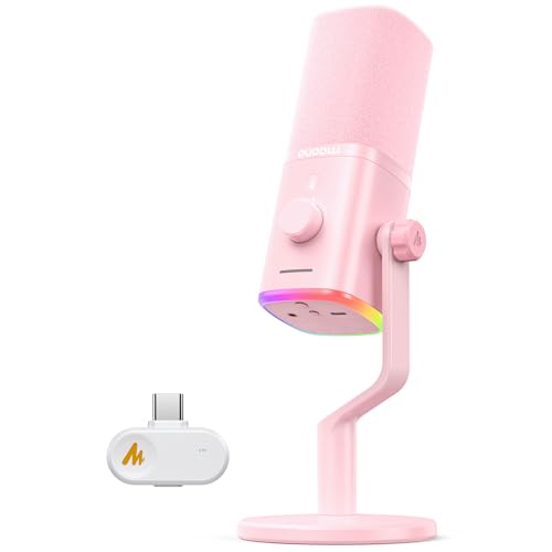 MAONO PD100W Wireless Dynamic Gaming Microphone for PC with USB-C Receiver | One-Click Noise Reduction,Custom RGB,Mute,Monitoring, Companion App,Wireless Desktop Mic for Creator, Stream, Podcast, Pink - color: Pink