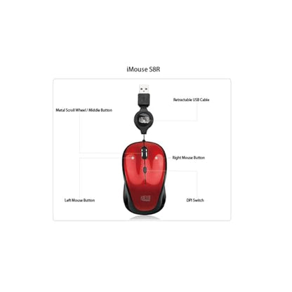 Adesso Retractable Mini Mouse iMouse S8B with Built-in Scroll Wheel, Adjustable DPI, Multi-Color LED Backlight, and Enhanced Optical Sensor (Red)