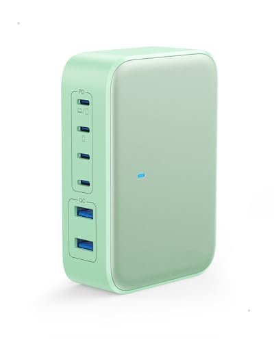 USB C Charger 200W USB C Charging Block,6 Ports GaN IV Foldable Wall Charger,QC4.0 Fast Charging Station Hub,PD 65W Laptop Charger for MacBook Pro/Air,Dell,iPhone 16/15,iPad,Galaxy,Steam Deck (Green)