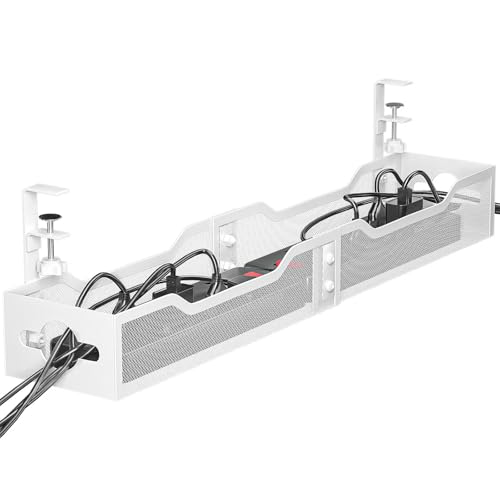 Under Desk Cable Management Tray 32'', Cable Management Under Desk No Drill, Cable Organizer with Clamp for Wire Management, Cord Organizer for Office, Home - No Damage to Table (White) - color: White, size: 32"