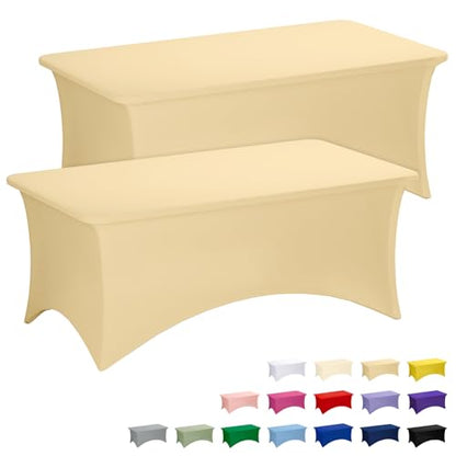 Fixwal Champagne Stretch Table Cloth Rectangle 2 Pack 6Ft, Spandex Fitted Table Covers Washable for Party, Trade Show, Banquet, Wedding, Buffet - color: Champagne, size: 6 Ft