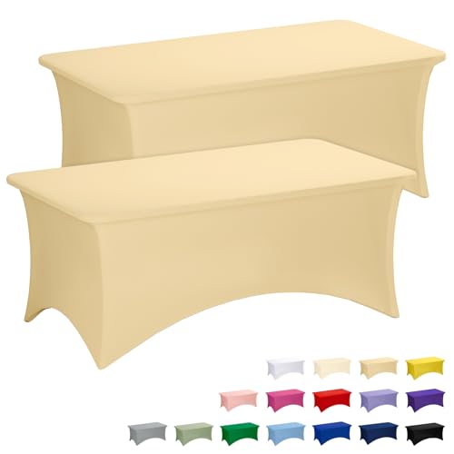 Fixwal Champagne Stretch Table Cloth Rectangle 2 Pack 6Ft, Spandex Fitted Table Covers Washable for Party, Trade Show, Banquet, Wedding, Buffet - color: Champagne, size: 6 Ft